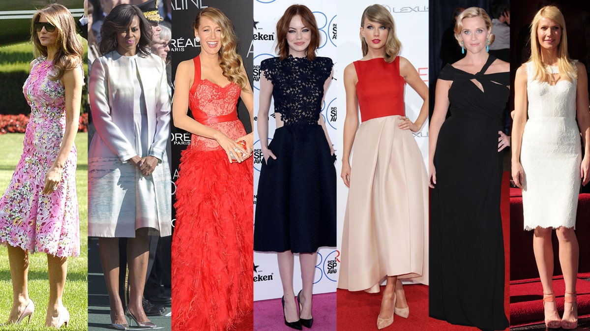 Former First Ladies Melania Trump and Michelle Obama and actresses Blake Lively, Emma Stone, singer Taylor Swift, Reese Witherspoon, and Gwyneth Paltrow wearing Monique Lhuillier dresses