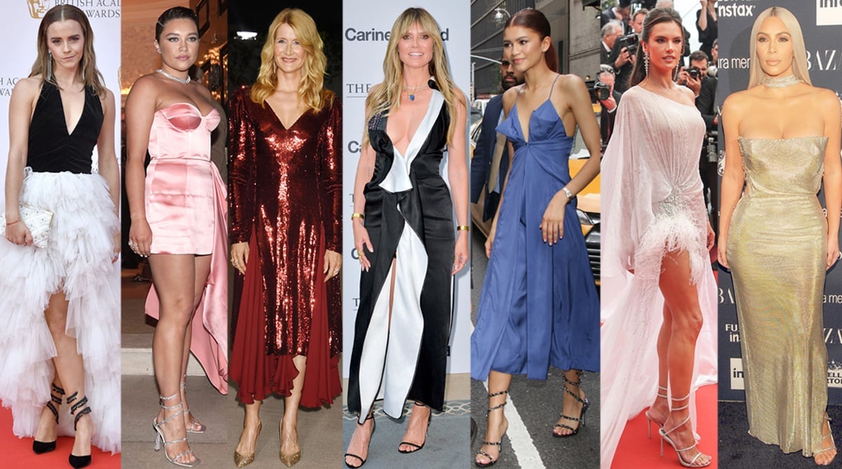 Emma Watson, Florence Pugh, Laura Dern, Heidi Klum, Zendaya, Alessandra Ambrosio, and Kim Kardashian wearing Rene Caovilla's popular heels