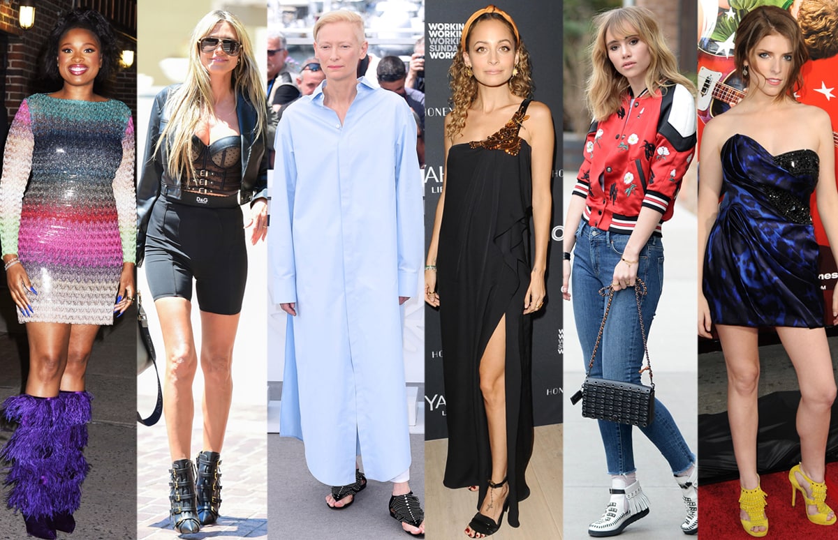 Jennifer Hudson, Heidi Klum, Tilda Swinton, Nicole Richie, Suki Waterhouse, and Anna Kendrick wearing different types of fringe shoes
