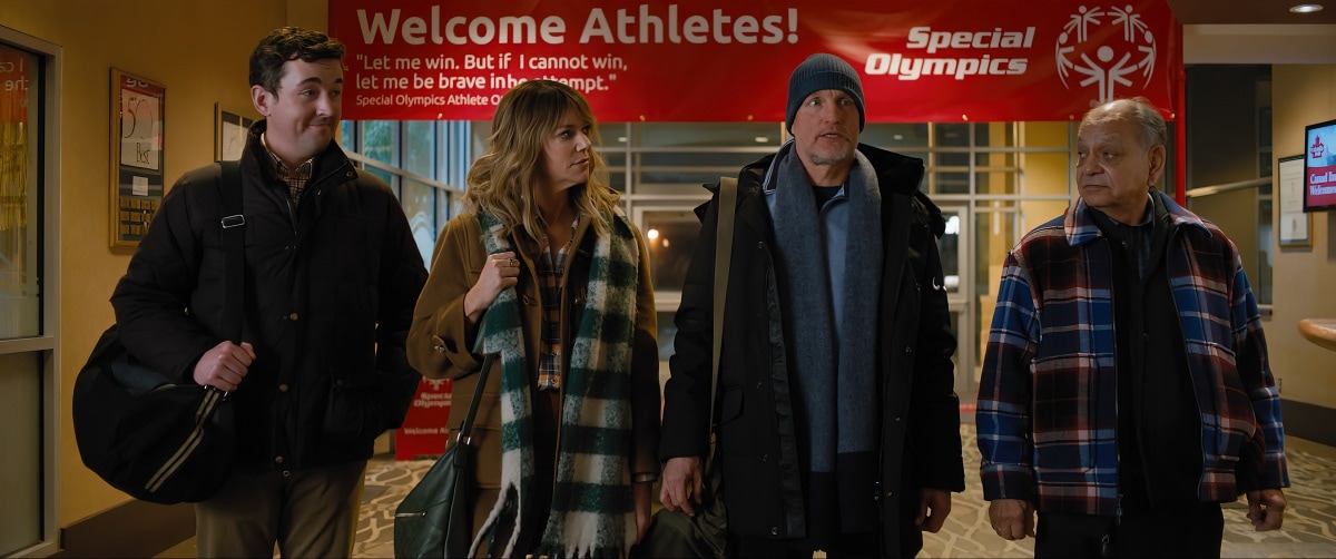 Matt Cook as Sonny, Kaitlin Olson as Alex, Woody Harrelson as Marcus, and Cheech Marin as Julio in the upcoming comedy sports film Champions