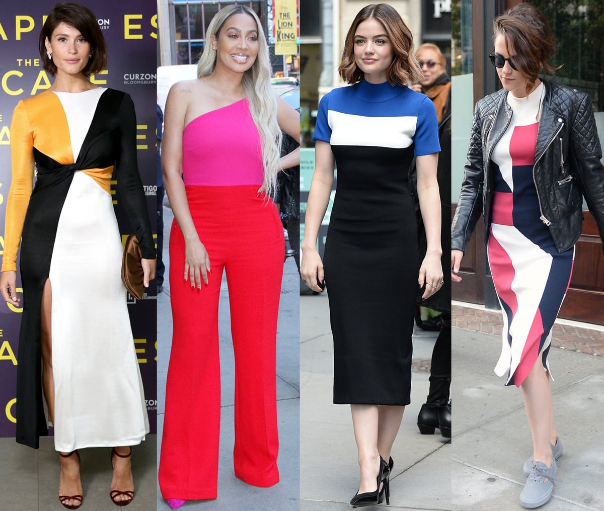 Choose colors that match your skin tone or when in doubt, stay away from complicated color schemes like Gemma Arterton, La La Anthony, Lucy Hale, and Kristen Stewart