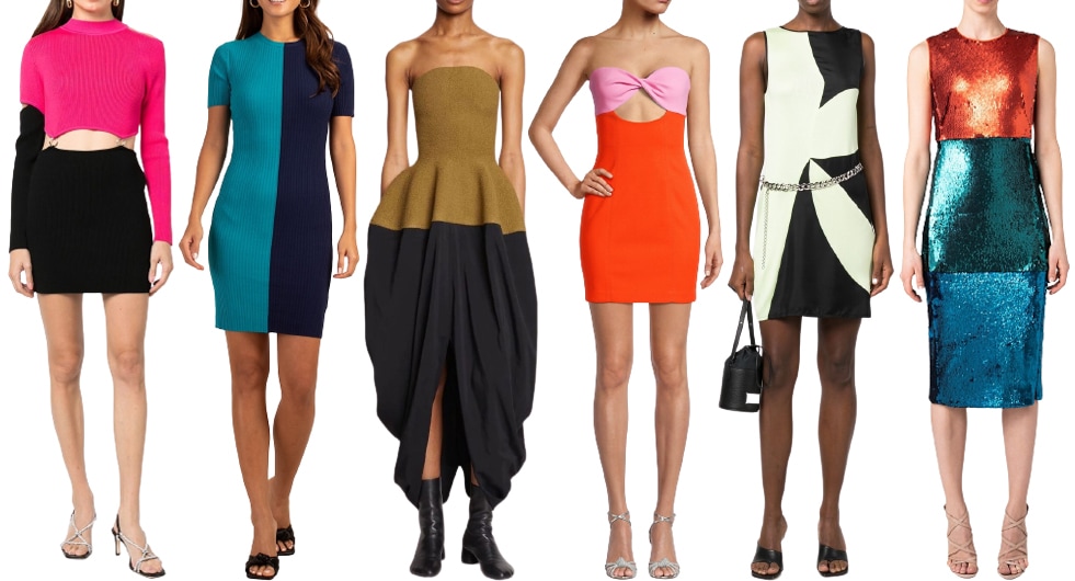 Two-toned dresses, usually black dresses with a bold color panel, are the most popular color-blocking outfits