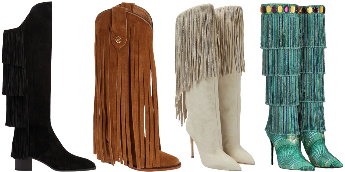 Knee-high fringe boots are popular among celebrities, with luxury brands like Christian Louboutin incorporating fringing in their knee-high boots