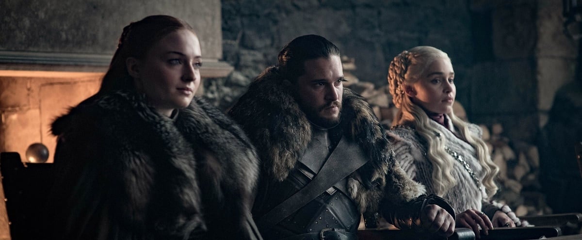 Sophie Turner as Sansa Stark, Kit Harington as Jon Snow, and Emilia Clarke as Daenerys Targaryen in the fantasy drama television series Game of Thrones