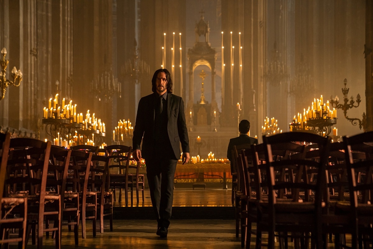 Keanu Reeves as John Wick in the 2023 neo-noir action thriller film John Wick: Chapter 4