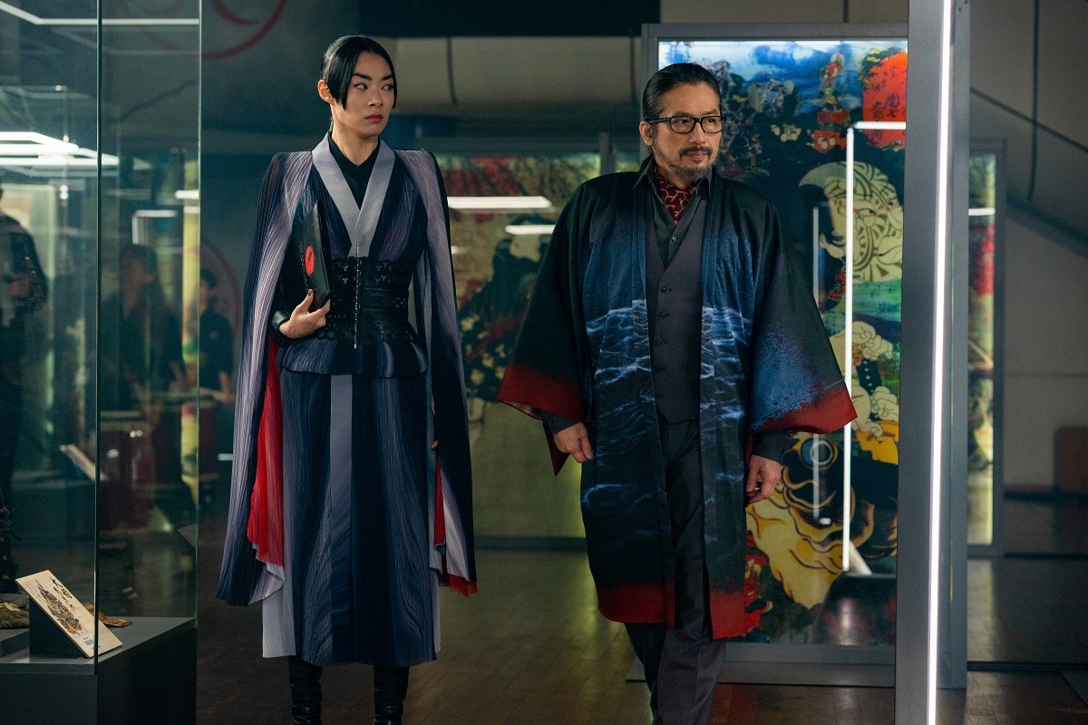 Rina Sawayama as Akira and Hiroyuki Sanada as Shimazu in the 2023 neo-noir action thriller film John Wick: Chapter 4