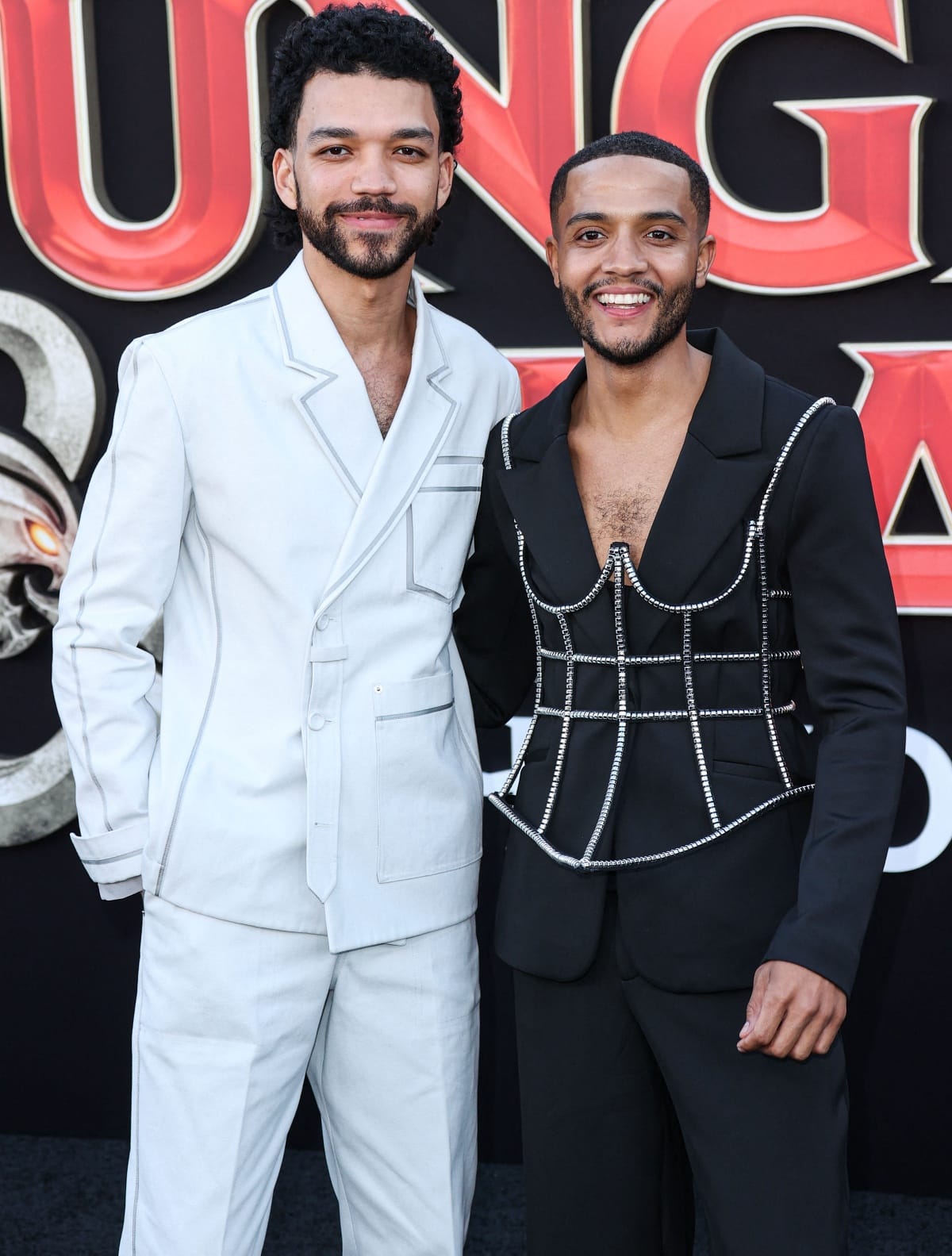 Justice Smith with boyfriend Nicholas L. Ashe at the premiere of Dungeons & Dragons: Honor Among Thieves in Los Angeles