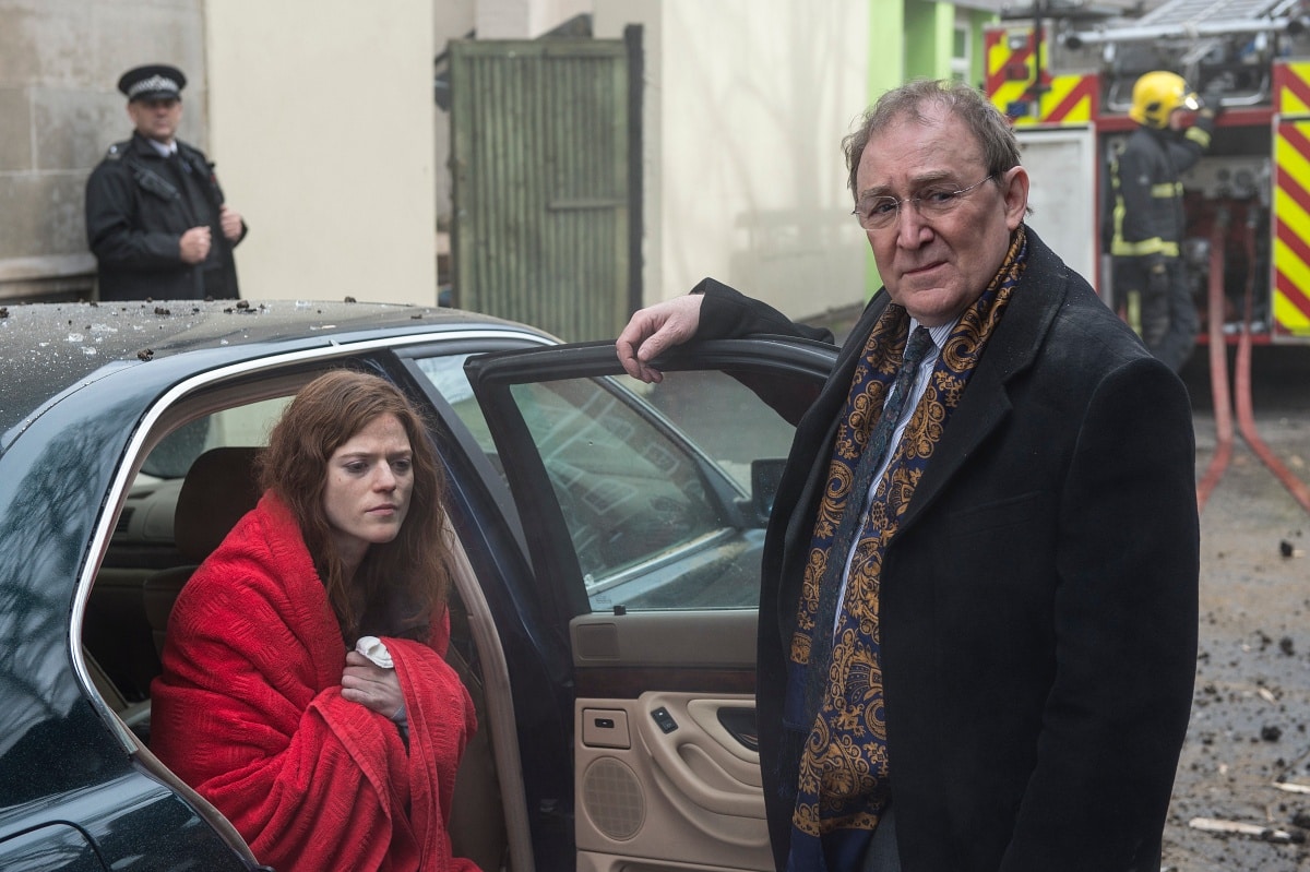 Rose Leslie as DS Emma Lane and Dermot Crowley as DSU Martin Schenk in the British psychological crime thriller television series Luther