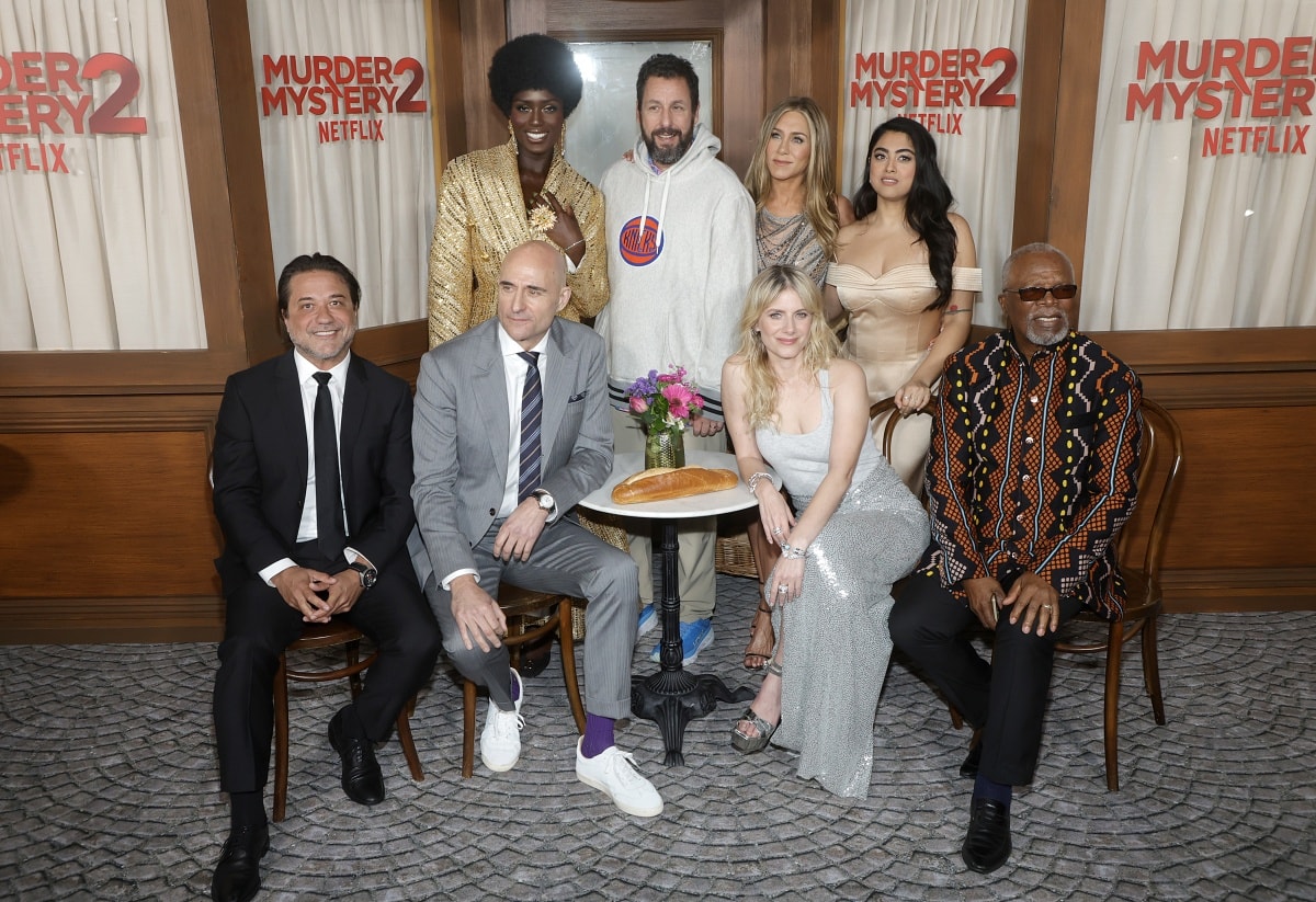 Jodie Turner-Smith with Adam Sandler, Jennifer Aniston, and the rest of her co-stars at the Los Angeles premiere of Murder Mystery 2