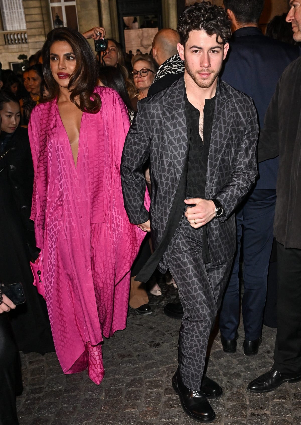 Priyanka Chopra Jonas and Nick Jonas arriving at the Valentino Fall/Winter 2023 show during Paris Fashion Week