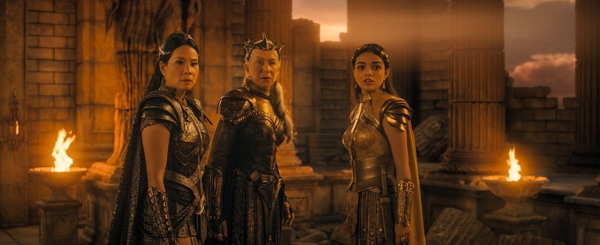 Lucy Liu as Kalypso, Helen Mirren as Hespera, and Rachel Zegler as Anthea in the upcoming superhero film Shazam! Fury of the Gods