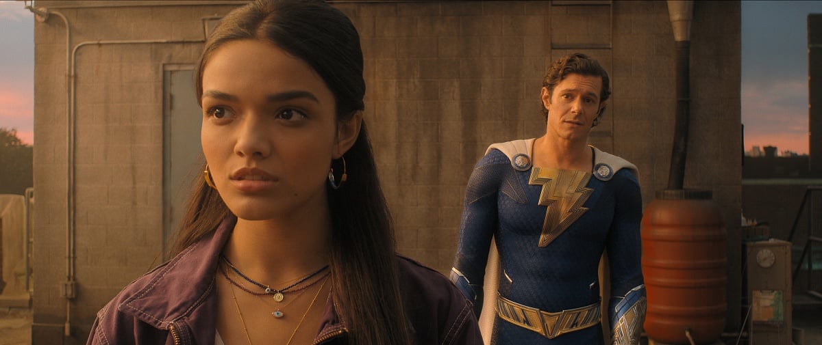 Rachel Zegler as Anthea shares a tense moment with Ross Butler as Eugene Choi in Shazam! Fury of the Gods