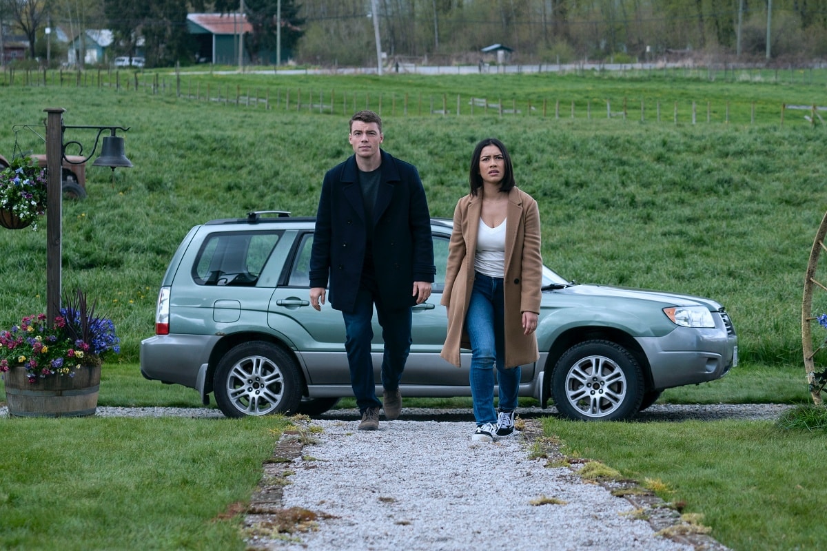 Gabriel Basso as Peter Sutherland and Luciane Buchanan as Rose Larkin in the action thriller television series The Night Agent