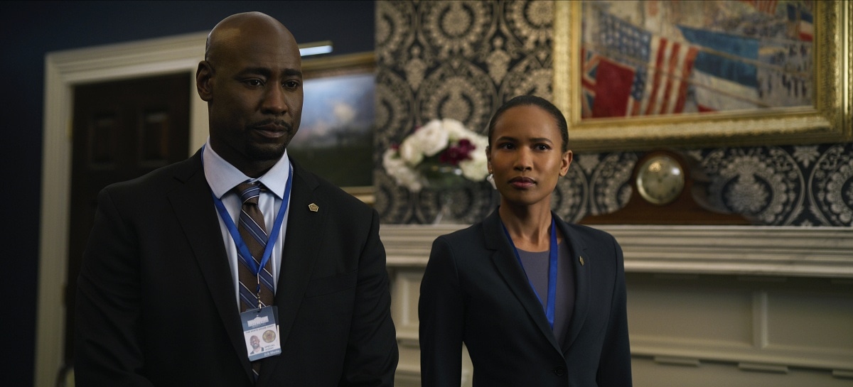 D.B. Woodside as Erik Monks and Fola Evans-Akingbola as Chelsea Arrington in the action thriller television series The Night Agent