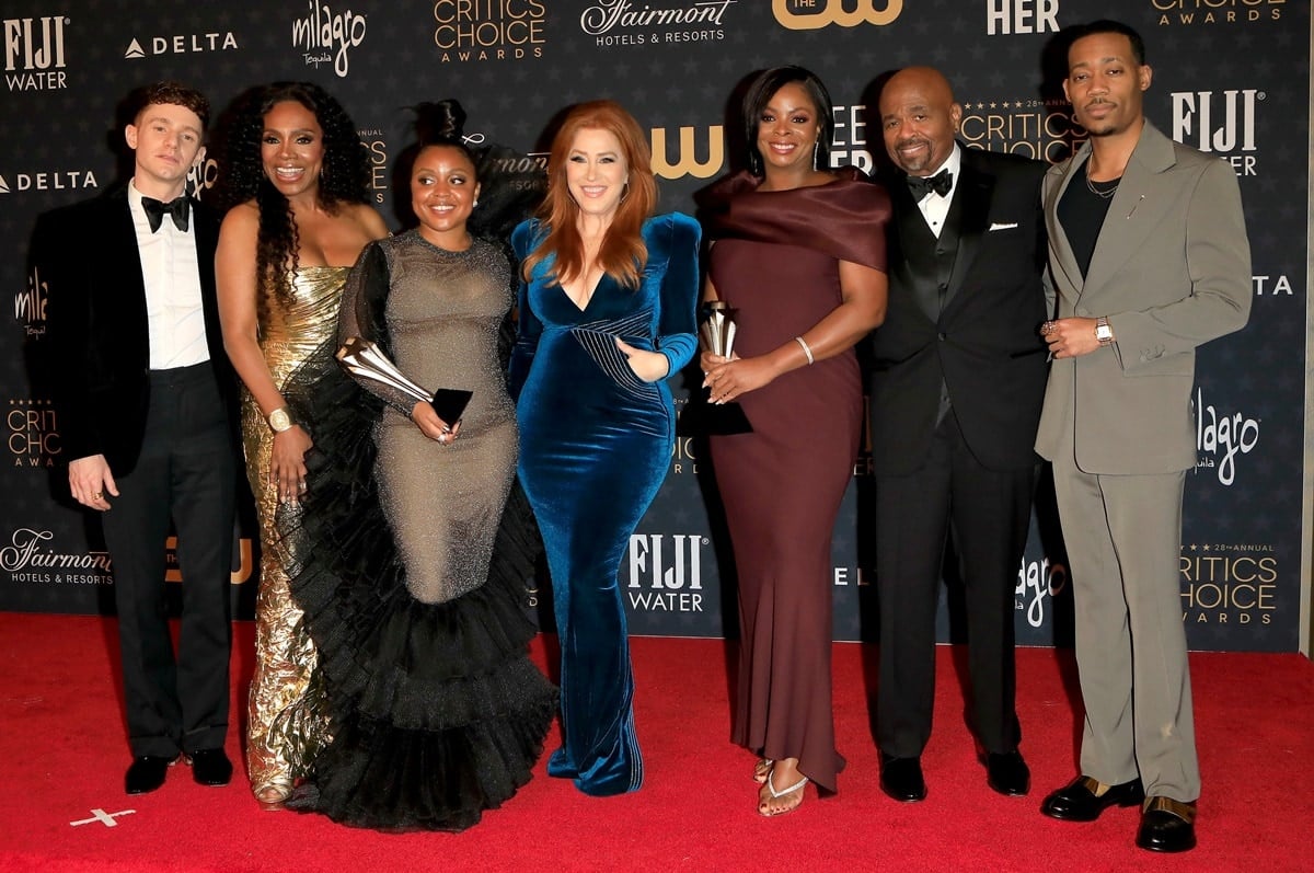 (L-R) Chris Perfetti, Sheryl Lee Ralph, Quinta Brunson, Lisa Ann Walter, Janelle James, William Stanford Davis, and Tyler James Williams, winners of the Best Comedy Series for "Abbott Elementary," pose in the press room during the 28th annual Critics Choice Awards