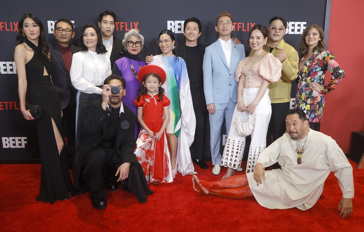 Andie Ju, Jerry Hanjoo Kim, Hong Dao, Joseph Lee, Young Mazino, Patti Yasutake, Remy Holt, Ali Wong, Steven Yeun, Lee Sung Jin, Alyssa Kim, Rek Lee, David Choe, and Mia Serafino attend the Los Angeles Premiere of Netflix's "BEEF"