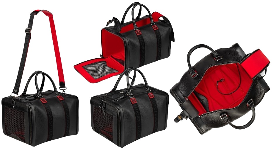 The Loubikiki pet travel bag is made of calf leather and features contemporary lines, two top handles, a shoulder strap, and a main compartment with two openings