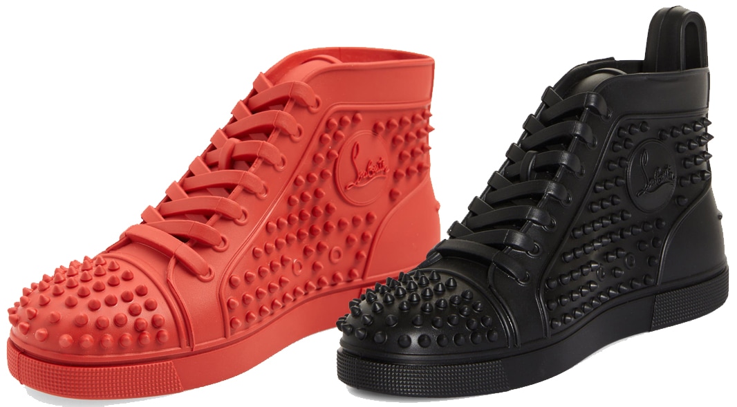 The Loubitoy dog toy is constructed of black and red rubber and is a replica of Christian Louboutin's iconic studded sneaker