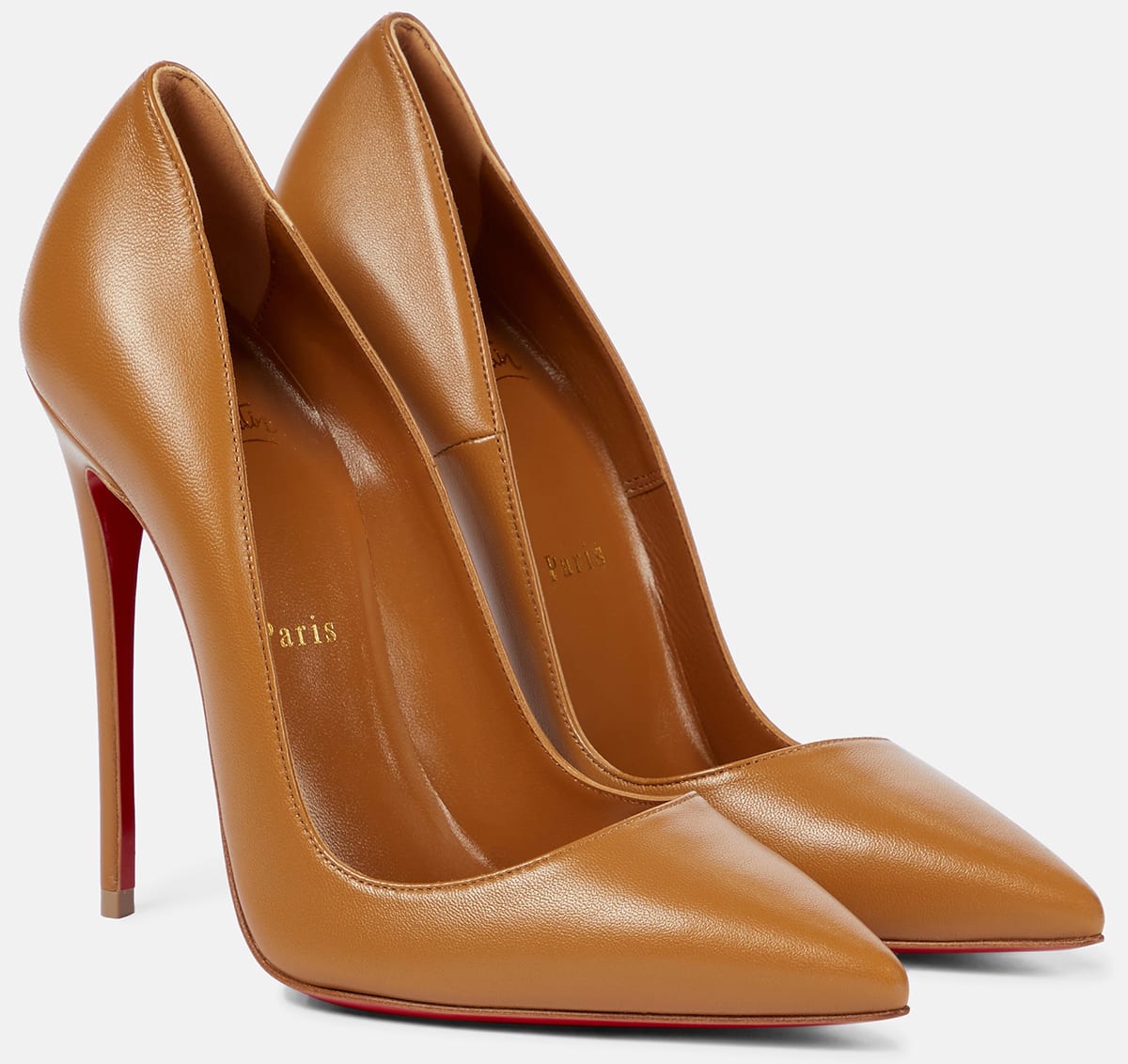 The celebrity-favorite Christian Louboutin So Kate pumps in a medium camel brown color