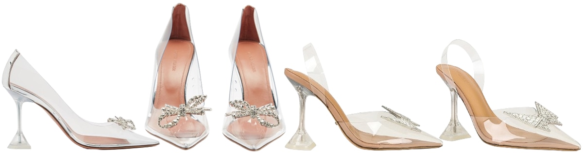 Modern Cinderella vibes with Amina Muaddi's Rosie crystal-embellished pumps and Tony Bianco's Laos heels in clear vinylite — a transparent twist to your wardrobe