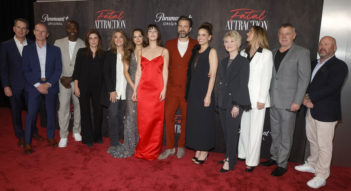 Darryl Frank, Toby Huss, Reno Wilson, Silver Tree, Alexandra Cunningham, Alyssa Jirrels, Lizzy Caplan, Joshua Jackson, Amanda Peet, Dee Wallace, Nicole Clemens, Brian Goodman, and Justin Falvey attend the Los Angeles Premiere of Paramount +'s "Fatal Attraction"