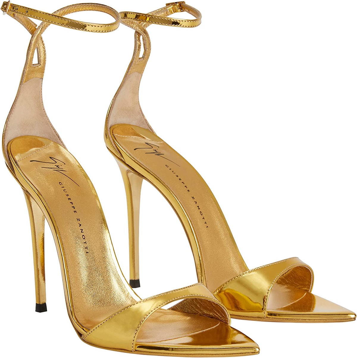 The Giuseppe Zanotti Intriigo sandals have open pointed toes, delicate crossed straps, and high stiletto heels