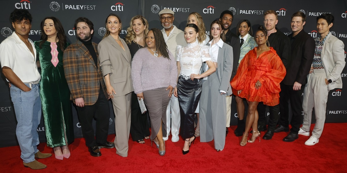 Niko Terho, Caterina Scorsone, Jake Borelli, Camilla Luddington, Krista Vernoff, Chandra Wilson, James Pickens Jr., Midori Francis, Kim Raver, Adelaide Kane, Anthony Hill, Kelly McCreary, Alexis Floyd, Kevin McKidd, Chris Carmack, and Harry Shum Jr. attend PaleyFest LA 2023 - "Grey's Anatomy"