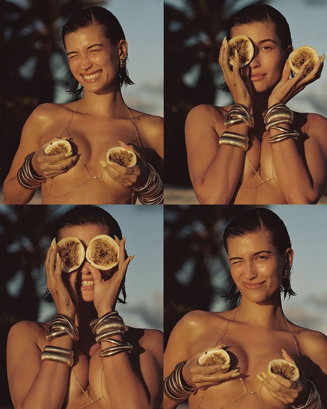 Hailey Bieber appears almost topless in Jacquie Aichie's 50-diamond bra ($10,750) while strategically holding two passion fruit halves, leaving little to the imagination
