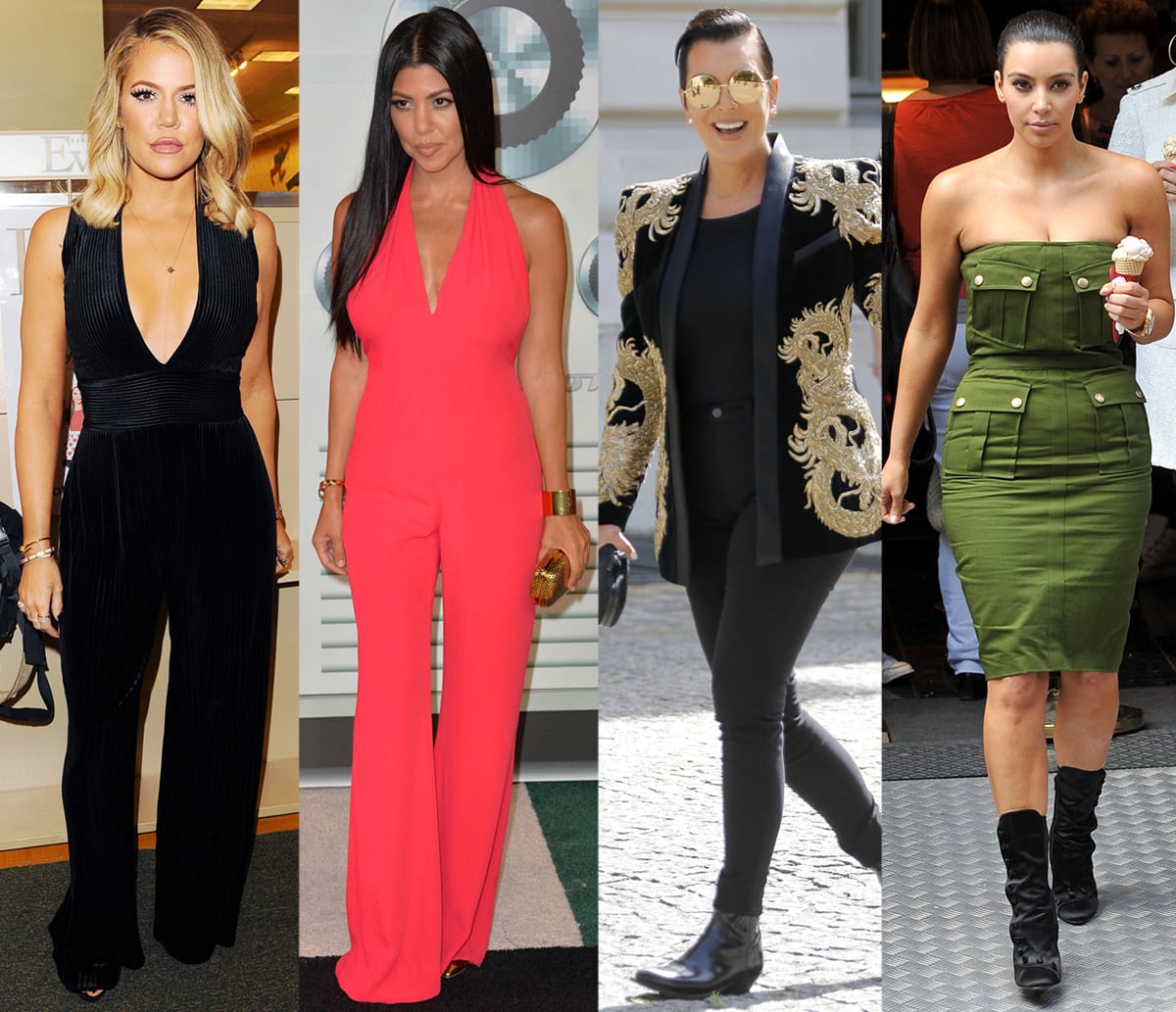 Khloé Kardashian, Kourtney Kardashian, Kris Jenner, and Kim Kardashian wearing Balmain