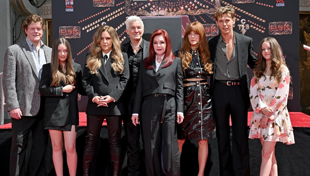 Steve Binder, Harper Vivienne Ann Lockwood, Lisa Marie Presley, Baz Luhrmann, Priscilla Presley, Riley Keough, Austin Butler, and Finley Aaron Love Lockwood attend the Handprint Ceremony honoring Three Generations of Presley's