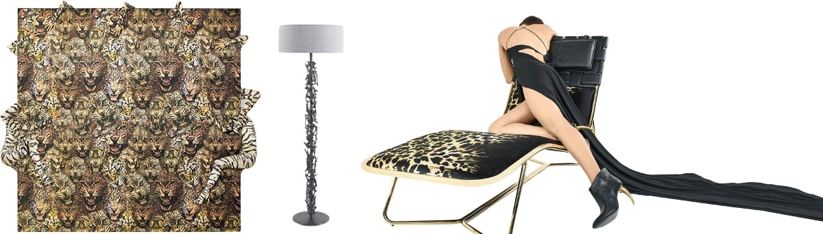 Roberto Cavalli also offers interior collections, including furniture, lighting, wallpapers, rugs, and complements