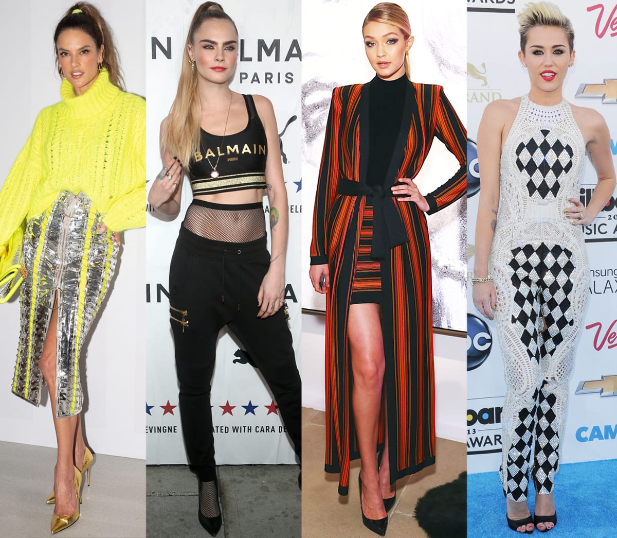 Alessandra Ambrosio, Cara Delevingne, Gigi Hadid, and Miley Cyrus in Balmain outfits