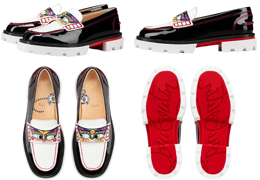 The bi-color Poupetimoc loafers are adorned with a multi-colored Poupette print, inspired by the characters that inhabit Louboutin's imaginary world