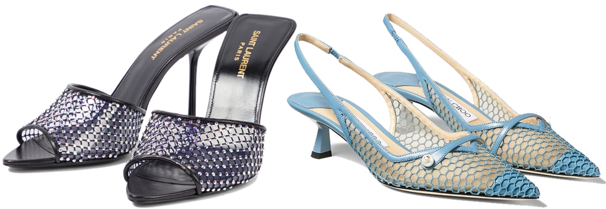Elegance redefined: Saint Laurent's Luz embellished mules sparkle with modern allure, while Jimmy Choo's Amita fishnet pumps combine delicate craftsmanship with timeless sophistication