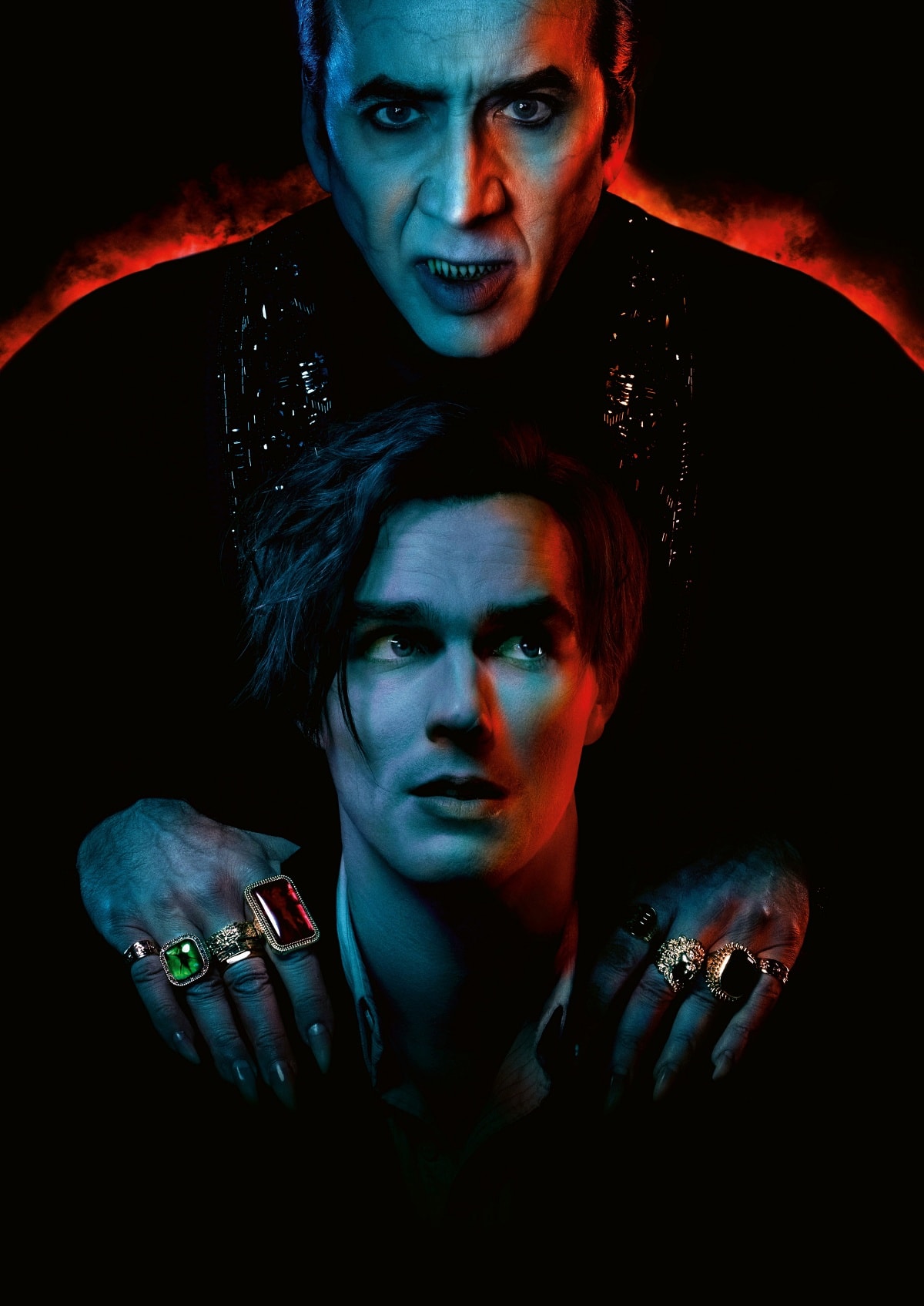 Promotional art for Renfield featuring Nicolas Cage as Count Dracula and Nicholas Hoult as R.M. Renfield