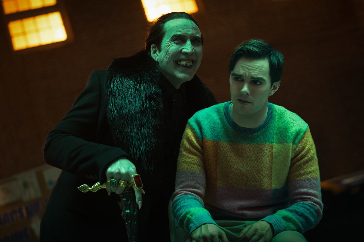 Nicolas Cage as Count Dracula and Nicholas Hoult as R.M. Renfield in the 2023 horror comedy film Renfield