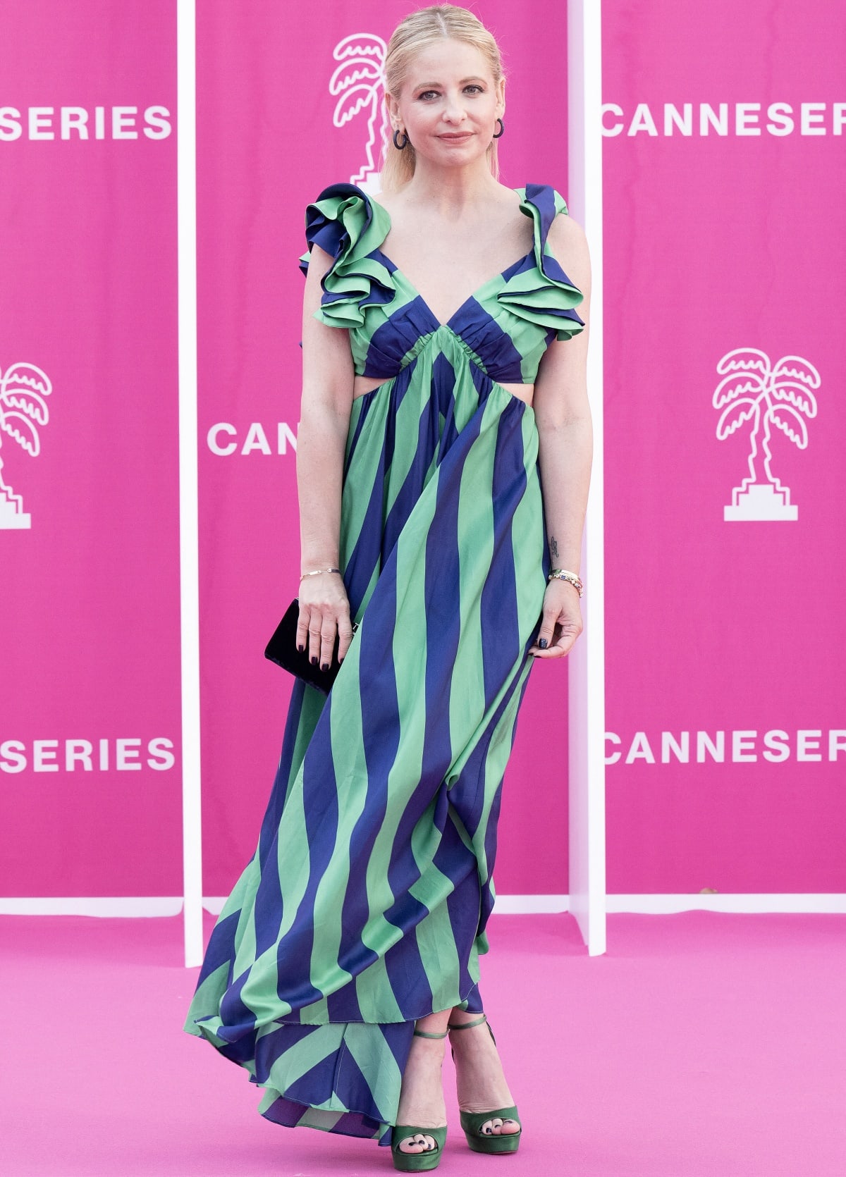 Sarah Michelle Gellar in a green and navy blue printed maxi dress that exuded elegance and sophistication at her Handprint Ceremony during the 6th Canneseries International Festival
