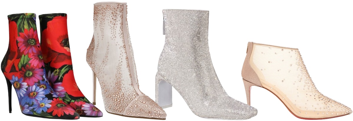 Dolce and Gabbana Floral-Print Ankle Boots; Steve Madden Valentia Bootie; Simkhai Crystal-Embellished Boot; Christian Louboutin Constella Crystal Mesh Boot