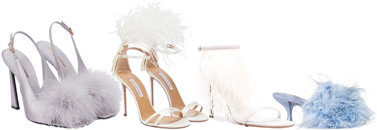 Saint Laurent Mae Feather-Trimmed Slingback Sandals; Aquazzura Concerto Feather-Trimmed Sandals; Pucci Feather Sandal; Jeffrey Campbell Caprica Mule