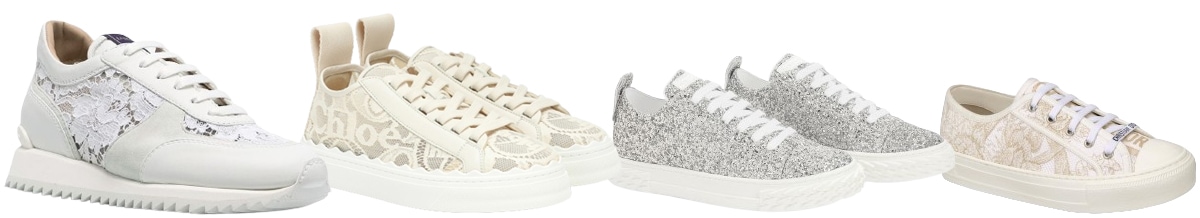 Le Silla Lace-Embroidered Leather Sneakers; Chloe Lauren Lace Sneakers; Giuseppe Zanotti Eco-Blabber Glitter Sneakers; Christian Dior Walk'N'Dior