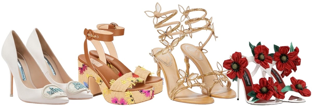 Sophia Webster Wifey for Lifey Pumps; AGL Plume Floral-Embroidered Jute Platform Sandals; Rene Caovilla Butterflies Crystal-Embellished Sandals; Dolce & Gabbana Floral Sandals