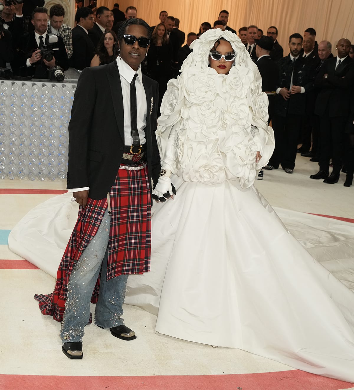 A$AP Rocky and Rihanna arrive late at the 2023 Met Gala held at the Metropolitan Museum of Art on May 1, 2023