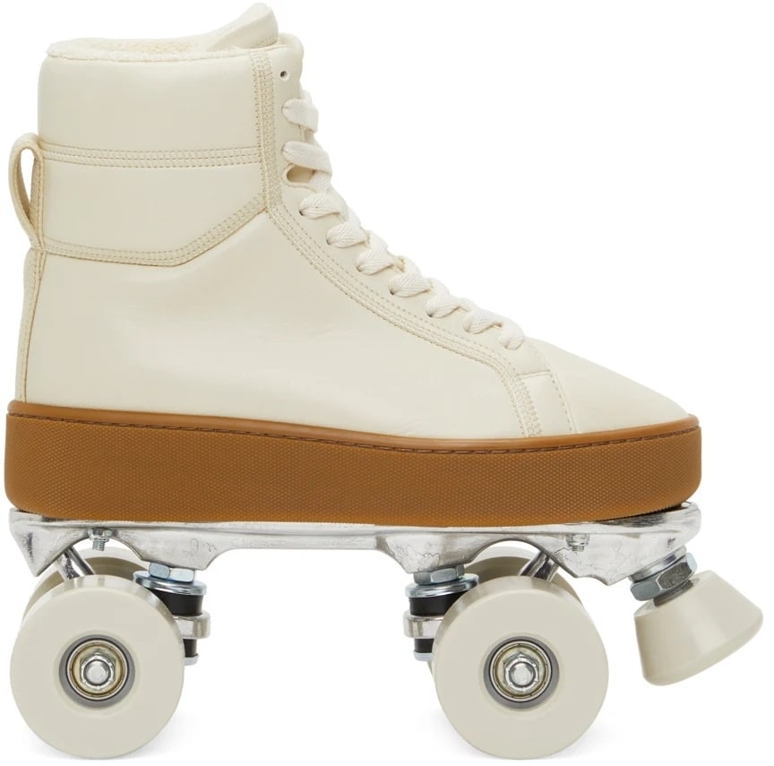 These high-top roller skates from Bottega Veneta exude elegance with their grained leather construction in a chic off-white shade