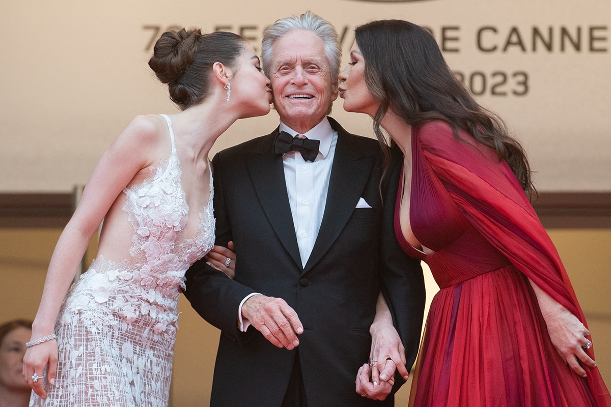 Michael Douglas, recipient of the Palme d’Or award, is joined by his wife Catherine Zeta-Jones and their daughter Carys at the 2023 Festival de Cannes opening on May 16, 2023