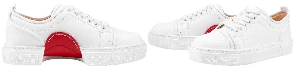 The Adolon is a low-top sneaker that sits on a thick Bianco white rubber sole with a striking Loubi red lacquered TPU insert and notched detail on the inside