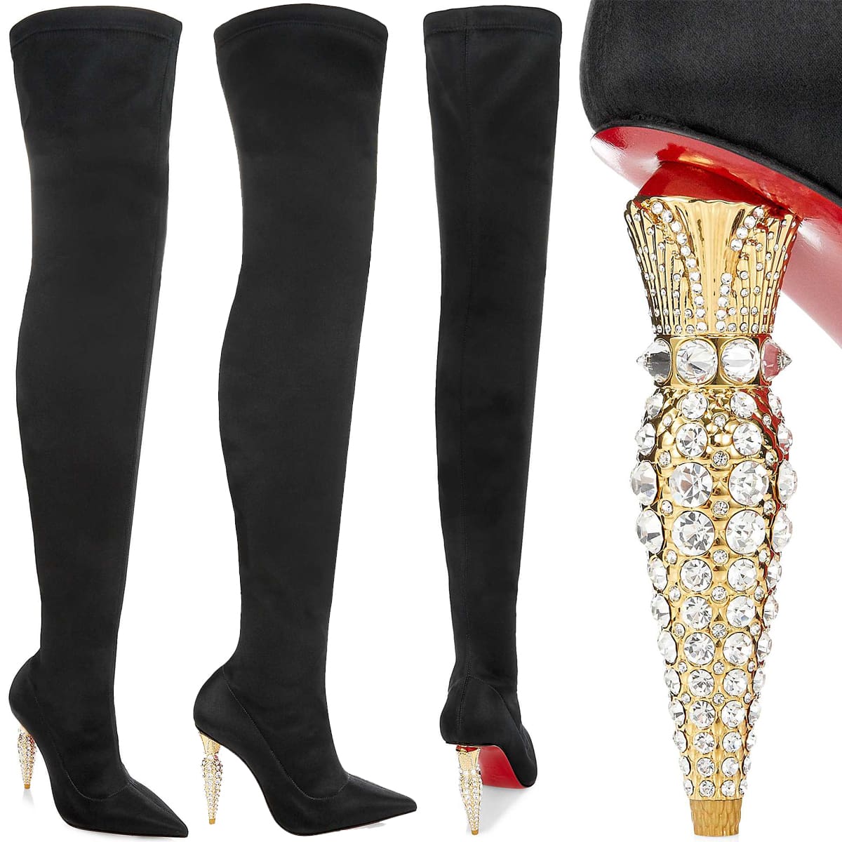 A sleek over-the-knee boot, the Lipstrass Botta Alta elegantly wraps the leg with its stretch satin shaft, finished with a lipstick-shaped heel adorned with sparkling crystals