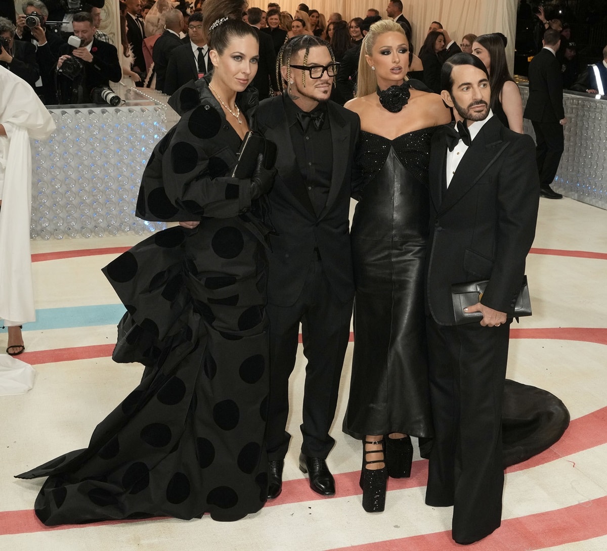 (L-R) Colby Mugrabi, an art collector and socialite who is married to David Mugrabi, Charly Defrancesco, a fashion designer and the husband of Marc Jacobs, Paris Hilton, and Marc Jacobs at the 2023 Met Gala Celebrating "Karl Lagerfeld: A Line Of Beauty"