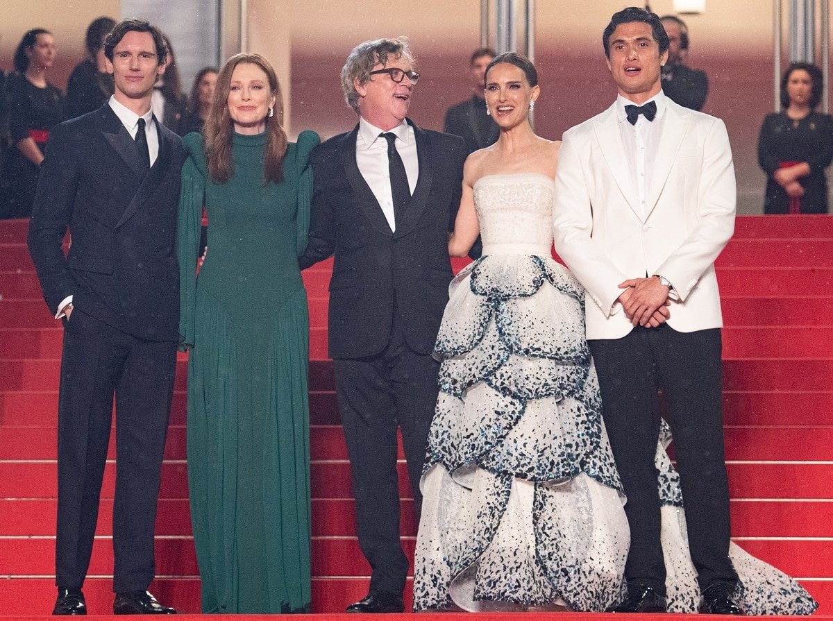 Cory Michael Smith, Julianne Moore, Todd Haynes, Natalie Portman, and Charles Melton attend the "May December" red carpet during the 76th annual Cannes film festival at Palais des Festivals