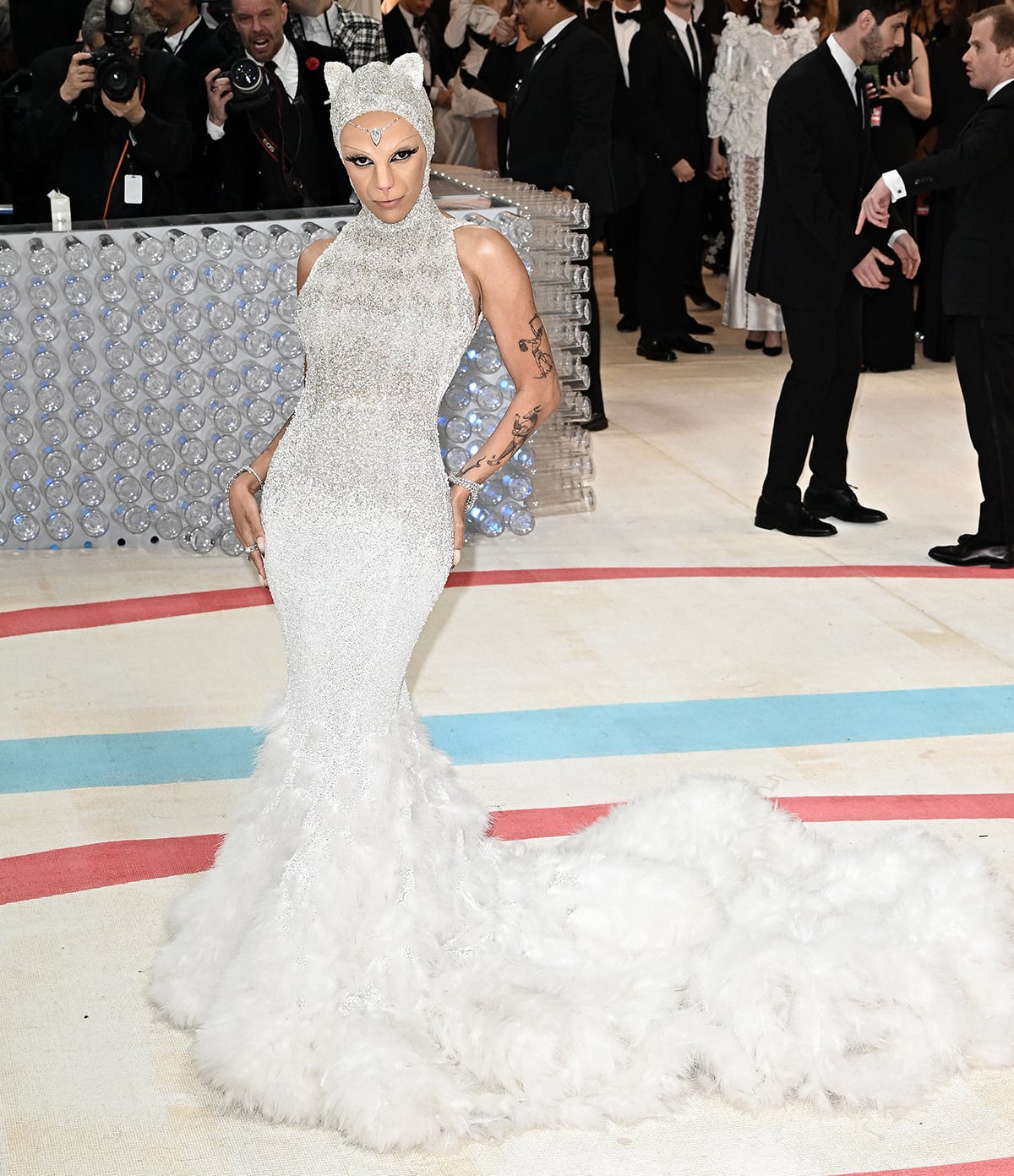 Doja Cat honors Karl Lagerfeld's Birman cat Choupette in a custom Oscar de la Renta hooded gown with 350,000 silver and white ombre sea glass and bugle beads at the 2023 Met Gala on May 1, 2023