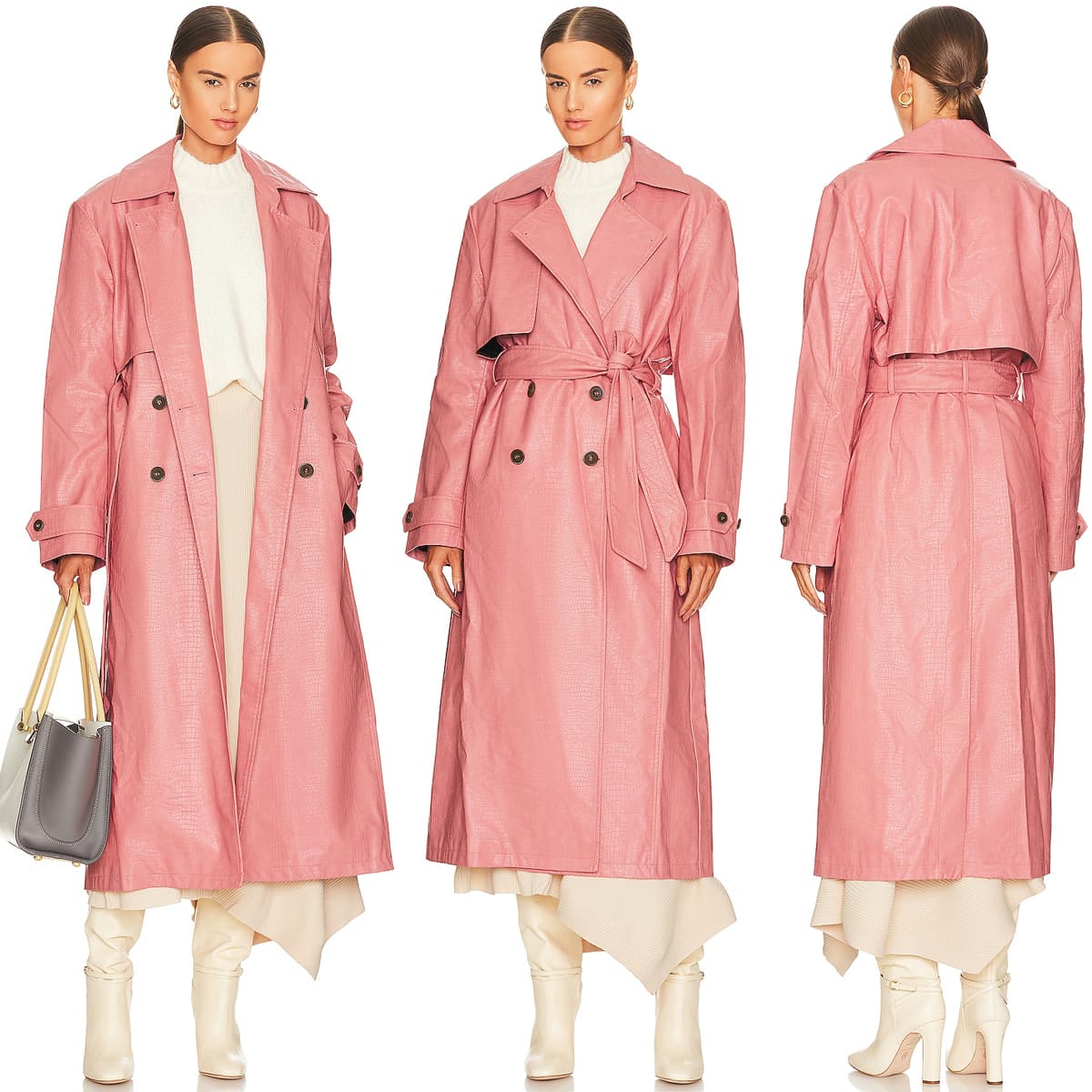 Pretty in pink, Free People's Morrison trench coat is crafted from croc-embossed viscose with polyurethane coating, notched lapels, front buttons, and a detachable waist belt